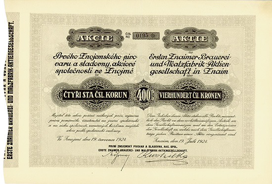 Erste Znaimer Brauerei- und Malzfabrik AG in Znaim / Prvni Znojemsky Pivovar a Sladovna, Akc. Spol.