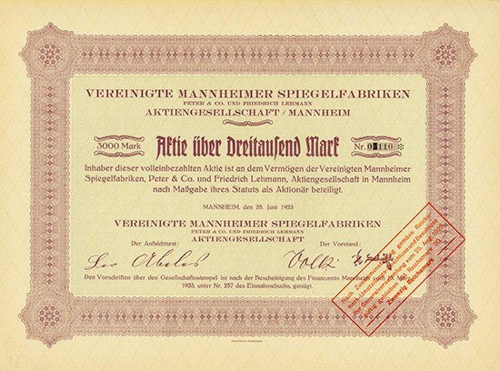 Vereinigte Mannheimer Spiegelfabriken Peter & Co. und Friedrich Lehmann AG