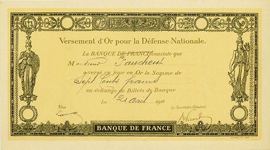 Banque de France - Versement d'Or pour la Defense Nationale