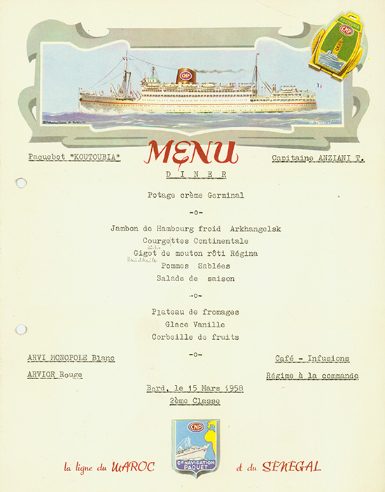 Compagnie Navigation Paquet: Speisekarte Paquebot 