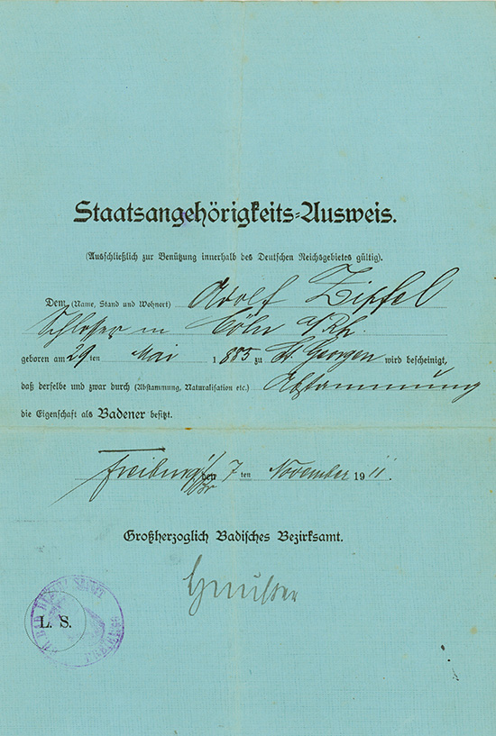 Freiburg: Staatsangehörigkeits-Ausweis des Badeners Adolf Zipfel