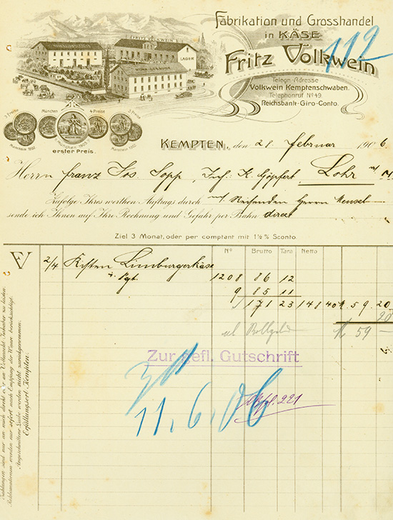 Fritz Volkwein, Fabrikation und Grosshandel in Käse