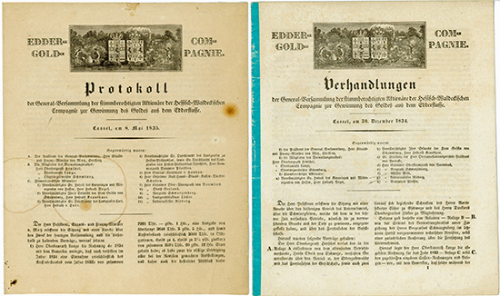 Hessisch-Waldeckische Compagnie zur Gewinnung des Goldes aus dem Edder-Flusse [2 Stück]