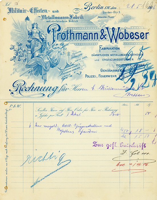 Prothmann & Wobeser, Militair-Effecten- und Metallwaaren-Fabrik mit elektrischem Betrieb