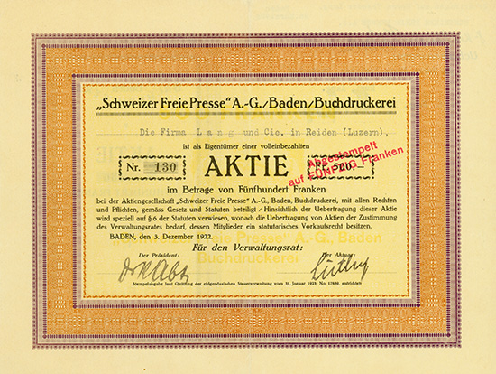 Schweizer Freie Presse AG, Baden, Buchdruckerei