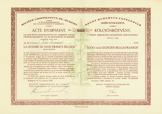 Societe Cooperative St. Hubert pour l'Etablissement de Plantations d'Arbres / Szent Hubertus Fatelepito Szövetkezet