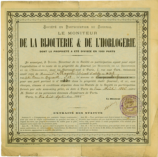 Societe en Participation du Journal le Moniteur de la Bijouterie & de l'Horlogerie