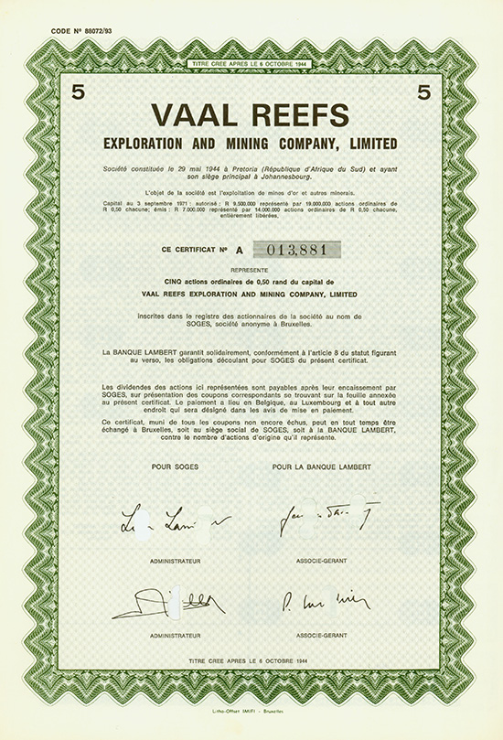 Vaal Reefs Exploration and Mining Company, Limited