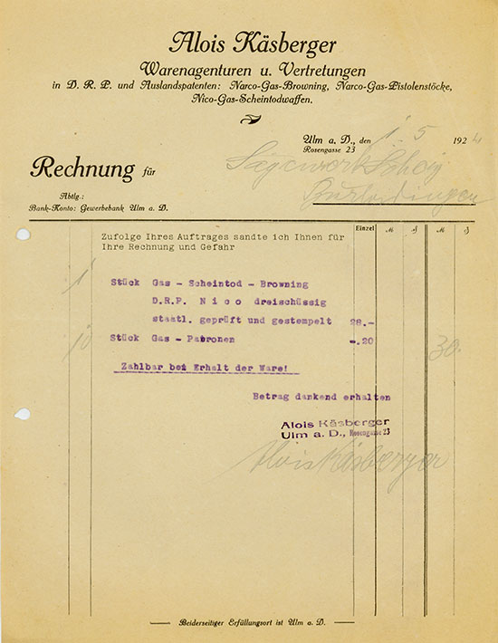 Alois Käsberger: Narco-Gas-Browning, Narco-Gas-Pistolenstöcke, Nico-Gas-Scheintodwaffen