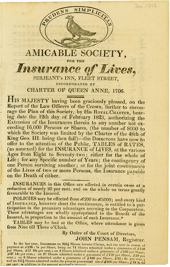 Amicable Society for the Insurance of Lives, Serjeant's Inn, Fleet Street, Incorporated by Charter of Queen Anne, 1706