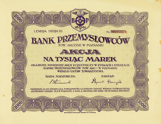 Bank Przemysłowców Tow. Akcyjna w Poznaniu