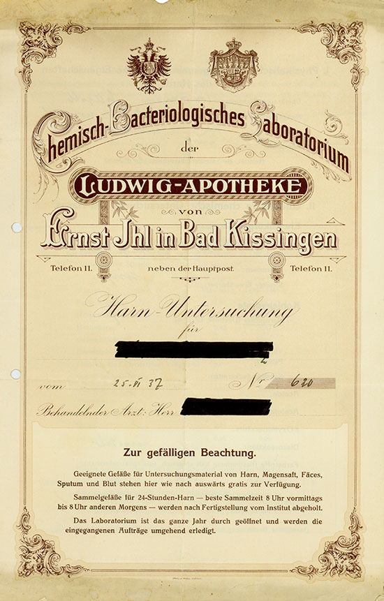 Chemisch-Bacteriologisches Laboratorium der Ludwig-Apotheke von Ernst Ihl in Bad Kissingen