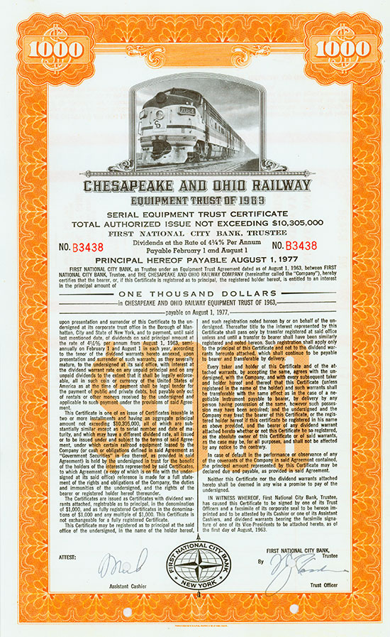 Chesapeake and Ohio Railway - Equipment Trust of 1963