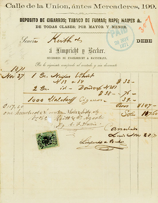 Deposito de Cigarros; Tabaco de Fumar; Rape; Naipes & de todas Clases; por Mayor y Menor