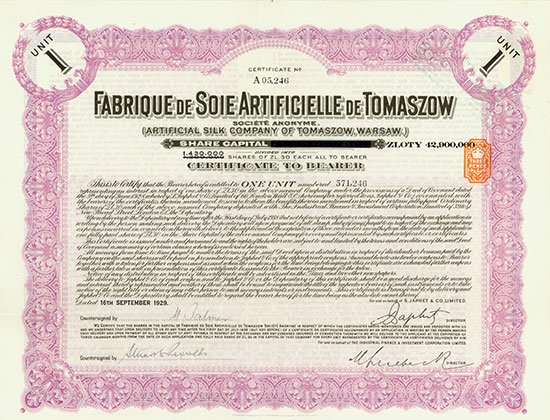 Fabrique de Soie Artificielle de Tomaszow Société Anonyme (Artificial Silk Co. of Tomaszow, Warsaw) [2 Stück]