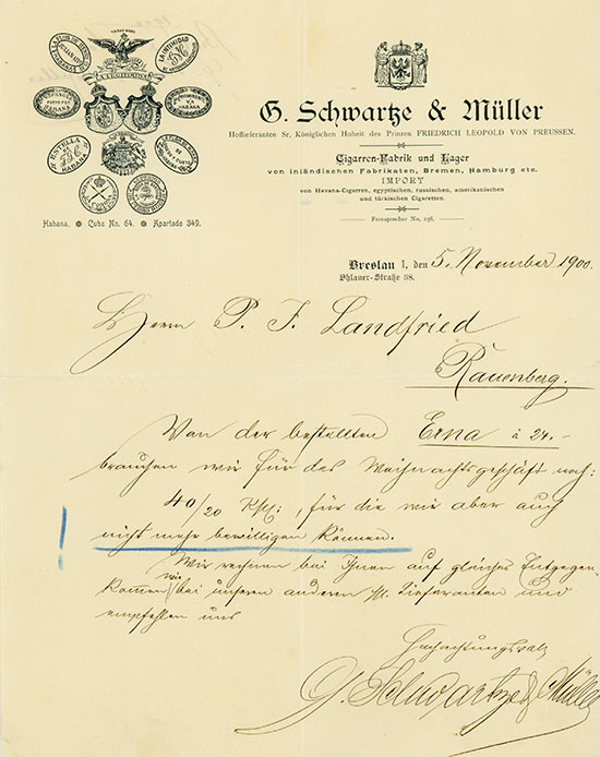 G. Schwartze & Müller - Cigarren-Fabrik und Lager von inländischen Fabrikaten, Bremen, Hamburg etc. IMPORT