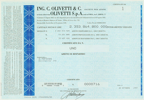 ING. C. Olivetti & C. Societá Per Azioni
