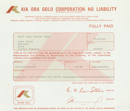 Kia Ora Gold Corporation No Liability