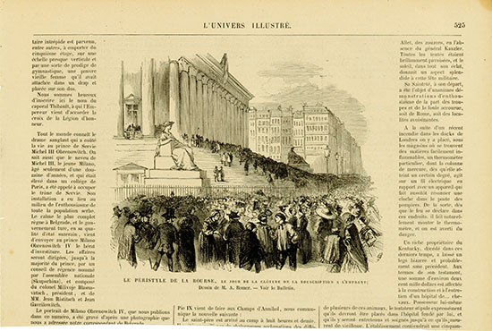 Le Péristyle de la Bourse, le Jour de la Glôture de la Souscription a L'Emprunt; Dessin de M. A. Romer - Voir la Bulletin