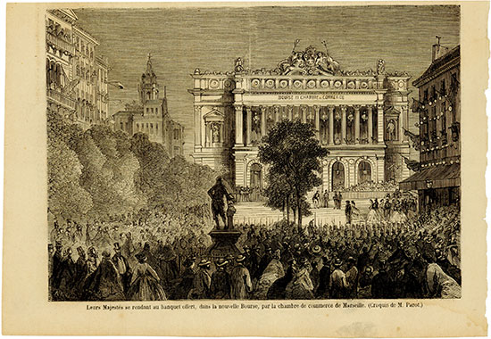 Leurs Majestés se rendant au banquet offert, dans la nouvelle Bourse, par la chambre de commerce de Marseille. (Croquis de M. Parot.)