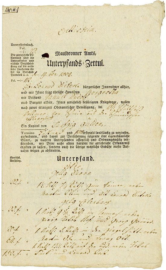 Maulbronner Amts, Unterpfands-Zettul