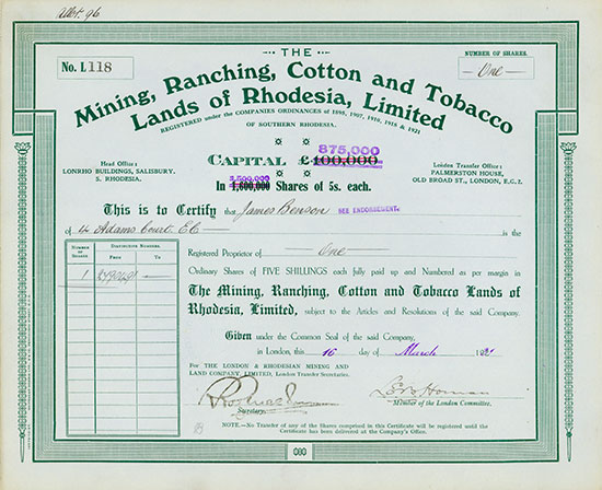 Mining, Ranching, Cotton and Tobacco Lands of Rhodesia, Limited [2 Stück]