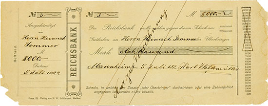 Reichsbank - Scheck für Heinrich Sommer