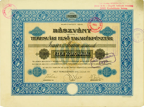 Részvény Melylyel Temesvári Elsö Takarékpénztár