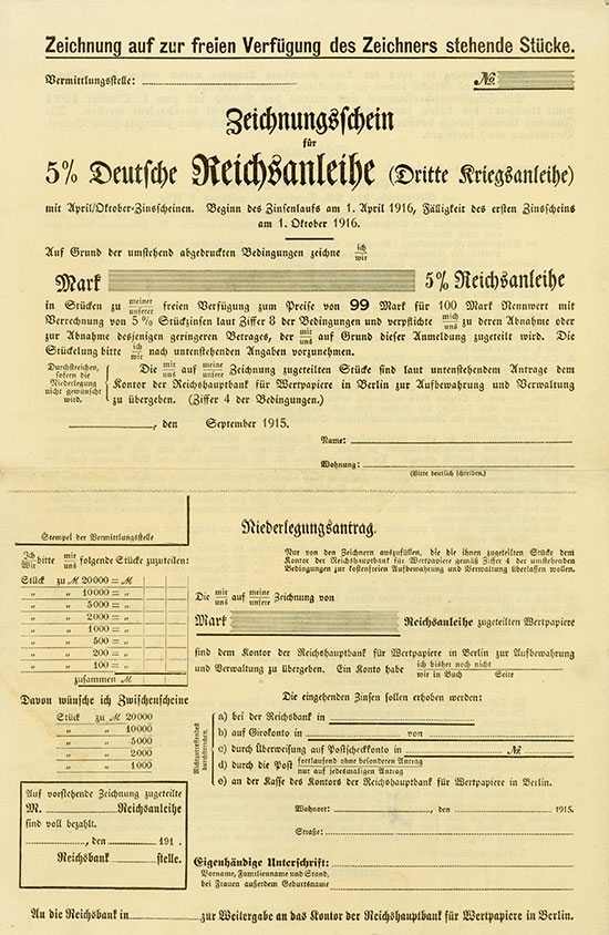 Zeichnungsschein für 5% Deutsche Reichsanleihe (Dritte Kriegsanleihe)