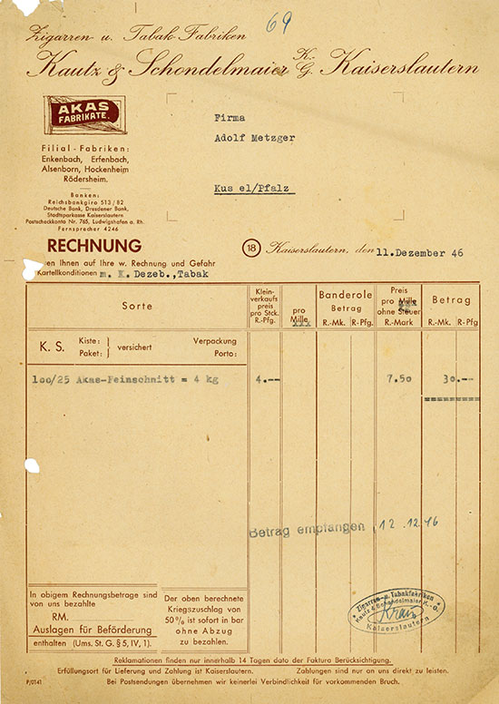 Zigarren- u. Tabak-Fabriken Kautz & Schondelmaier KG Kaiserslautern