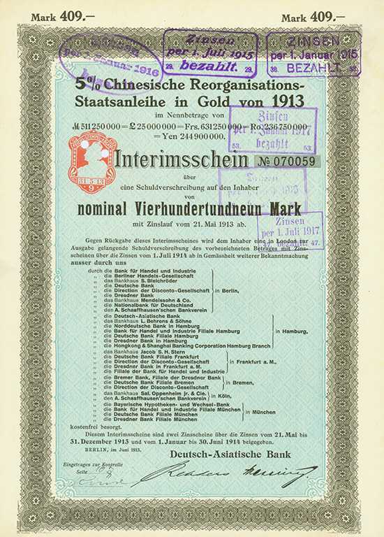 5 % Chinesische Reorganisations-Staatsanleihe in Gold von 1913 (Kuhlmann 303 TE CN)