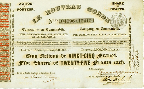 Le Nouveau Monde - Compagnie en Commandite, pour l'Exploitation des Mines d'or de la Californie - for Working Gold Mines in California