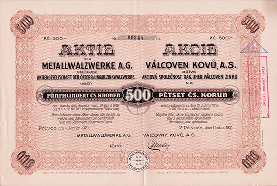 Metallwalzwerke AG, früher AG de Österr.-Ungar. Zinkwalzwerke / Válcovny Kovů, A.S., dříve Akciová Společnost Rak. Uher. Válcoven Zinku