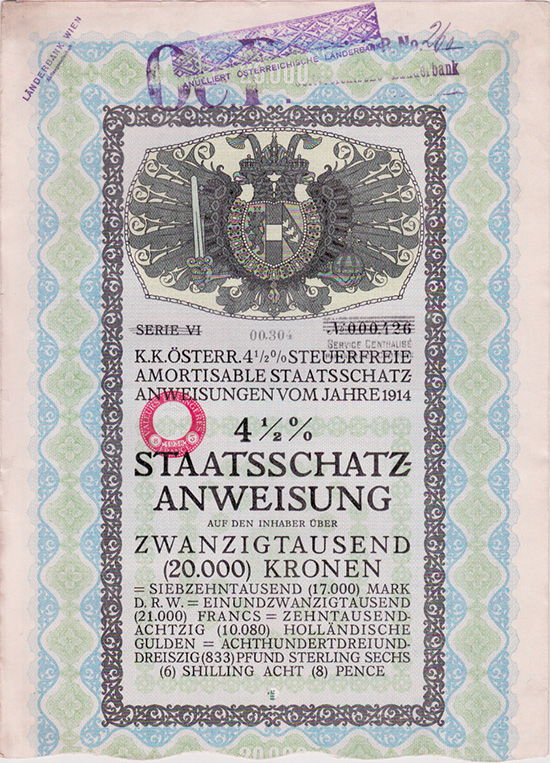 Österreich - Staatsschatzanweisung von 1914 - Österreichische Variante