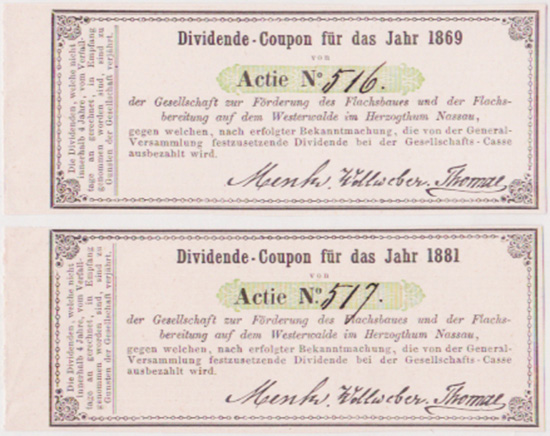 Gesellschaft zur Förderung des Flachsbaues und der Flachsbereitung auf dem Westerwalde im Herzogthum Nassau [2 Stück]
