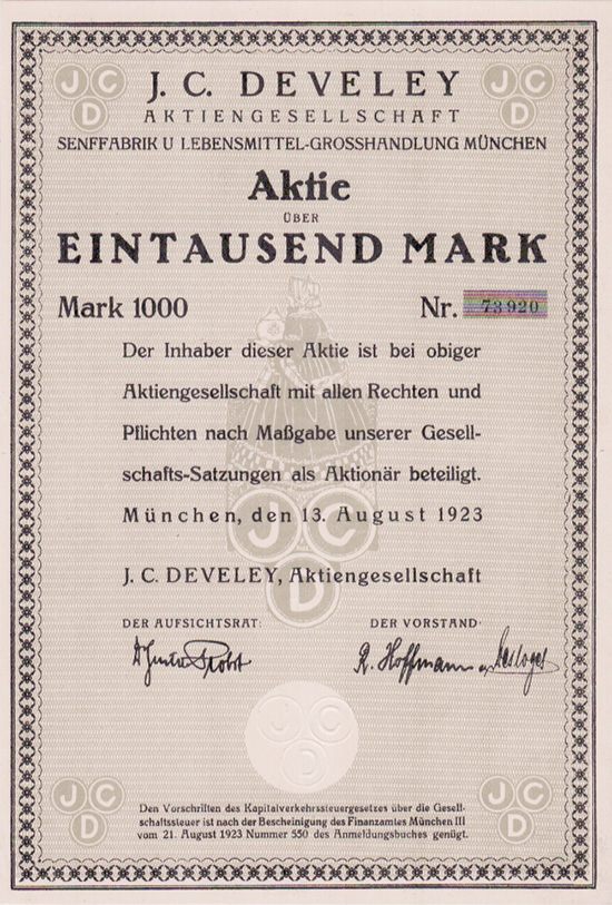 J. C. Develey, Aktiegesellschaft Senffabrik u. Lebensmittel-Grosshandlung München