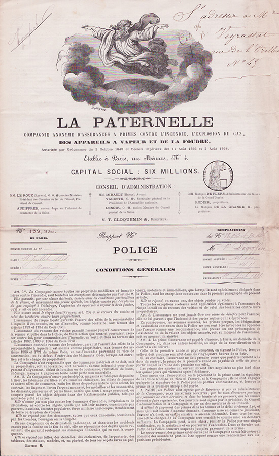 LA PATERNELLE Compagnie Anonyme d'Assurances a Primes contre l'Incendie, l'Explosion du Gaz, des Appareils a Vapeur et de la Foudre
