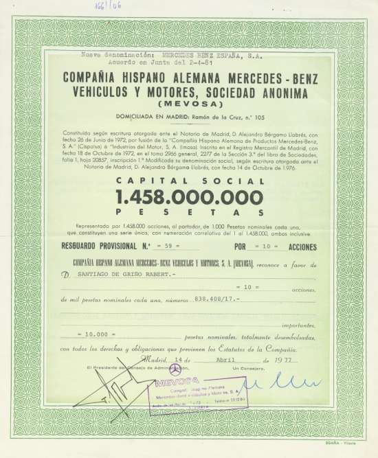 Compañia Hispano Alemana Mercedes-Benz Vehiculos y Motores, Sociedad Anónima (MEVOSA)
