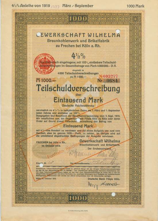 Gewerkschaft Wilhelma, Braunkohlenwerk und Brikettfabrik zu Frechen bei Köln a. Rh.