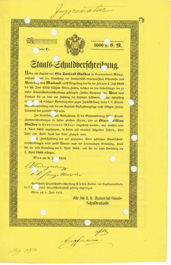 k. k. Universal-Staats-Schuldenkasse / Einlösung der lombardisch-venetianischen Eisenbahn von Venedig nach Mailand