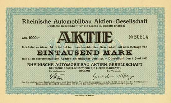 Rheinische Automobilbau AG Deutsche Gesellschaft für die Licenz E. Bugatti (Rabag)