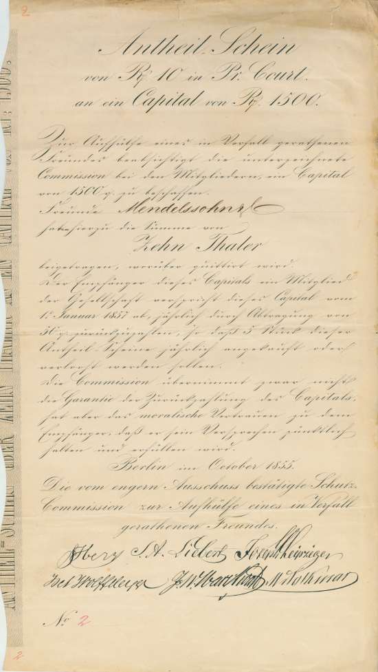 Schutz-Commission zur Aushülfe eines in Verfall gerathenen Freundes - Mendelssohn & Co.