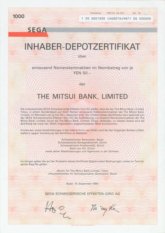 SEGA Schweizerische Effekten-Giro AG - Mitsui Bank, Limited