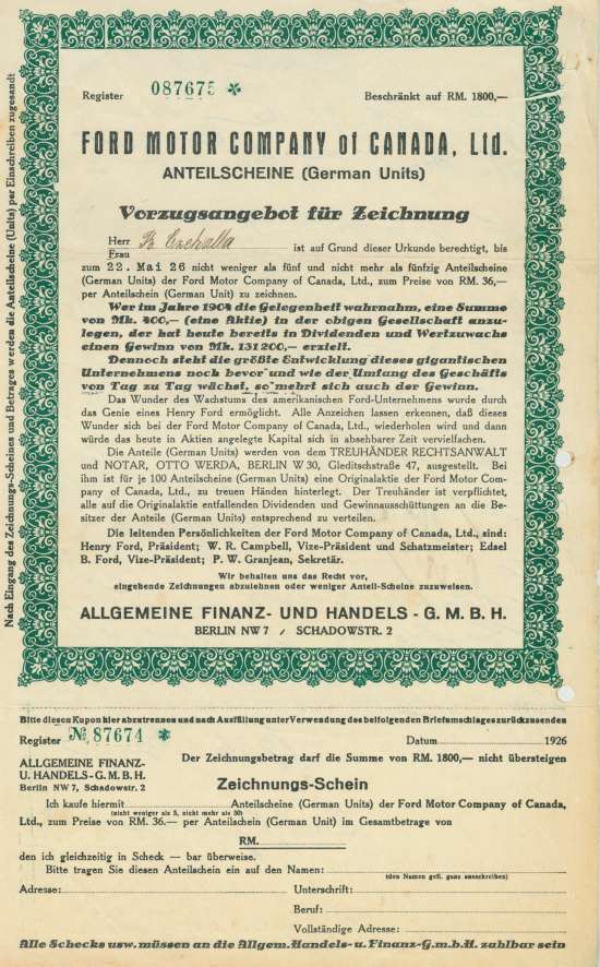 Ford Motor Company of Canada, Ltd. / Allgemeine Finanz- und Handels-G.m.b.H.