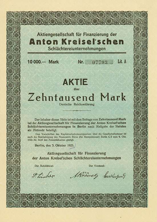 Aktiengesellschaft für Finanzierung der Anton Kreisel'schen Schlächtereiunternehmungen