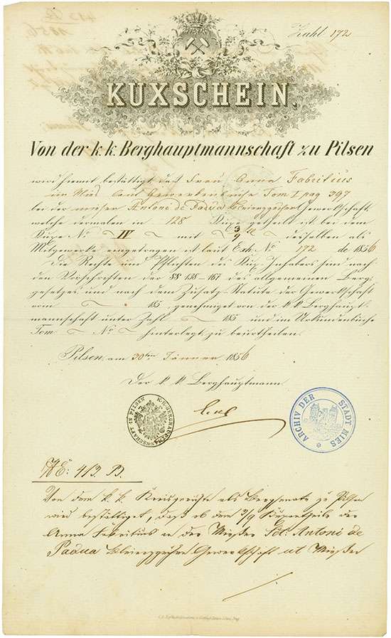 k.k. Berghauptmannschaft zu Pilsen - Unser Antoni de Padua Bleierzzechen Gewerkschaft