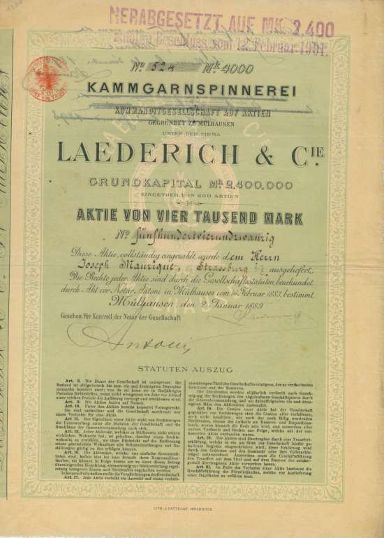Kammgarnspinnerei Kommanditgesellschaft auf Aktien gegründet zu Mülhausen unter der Firma Laederich & Cie.
