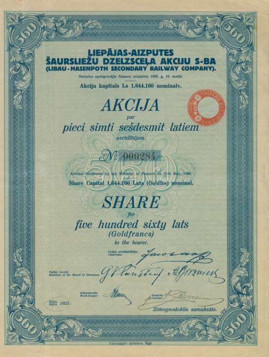 Liepajas-Aizputes Šaursliežu Dzelzscela Akciju S-BA (Libau-Hasenpoth Secondary Railway Company)