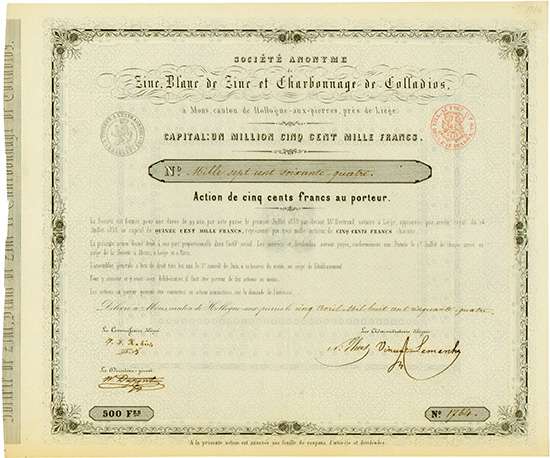 Société Anonyme de Zinc, Blanc de Zinc et Charbonnage de Colladios, á Mons, canton de Hollogne-aux-pierres, près de Liége