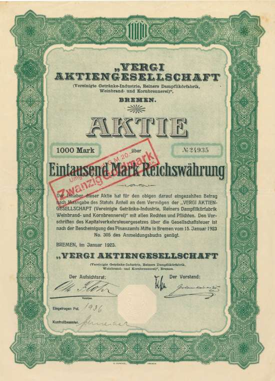VERGI Aktiengesellschaft (Vereinigte Getränke-Industrie, Bürgerliches Brauhaus, Reiners Dampflikörfabrik Weinbrand- und Kornbrennerei)